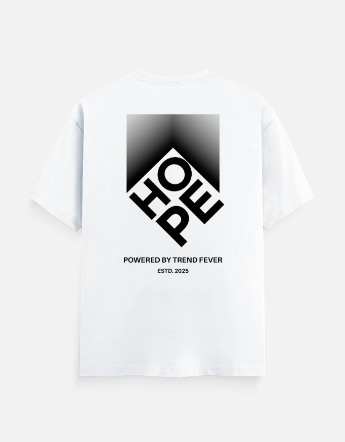 White short-sleeve t-shirt with a black graphic print on the back, featuring a large stylized 'HOWP' logo and the text 'POWERED BY TREND FEVER' and 'ESTD. 2025'.
