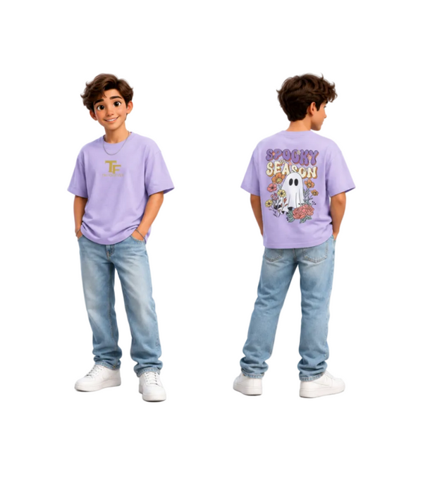 Two children wearing light purple t-shirts with different designs, standing side by side on a white background.