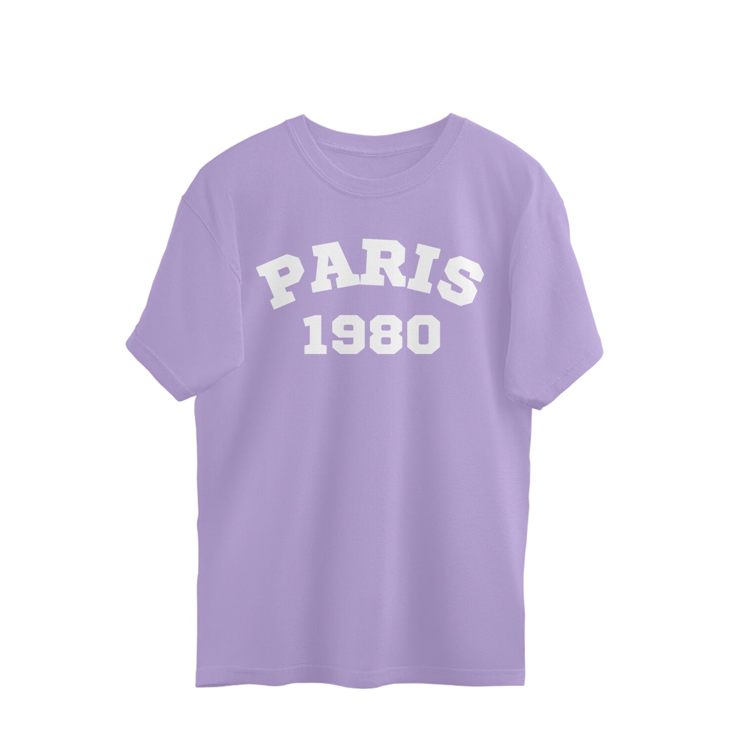 Lavender oversized t-shirt with white 'PARIS 1980' graphic on front