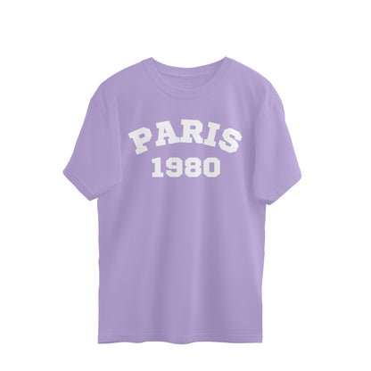 Lavender oversized t-shirt with white 'PARIS 1980' graphic on front