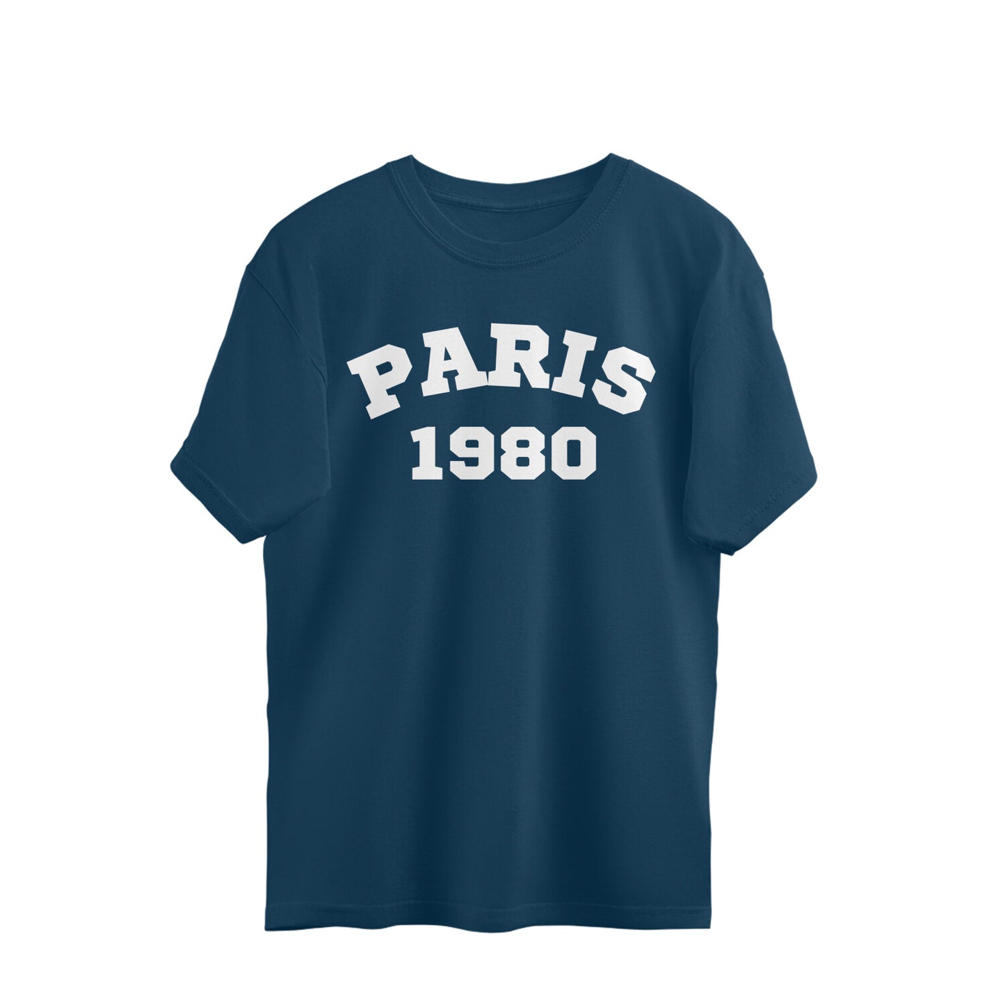 Navy blue oversized t-shirt with white 'PARIS 1980' graphic on front