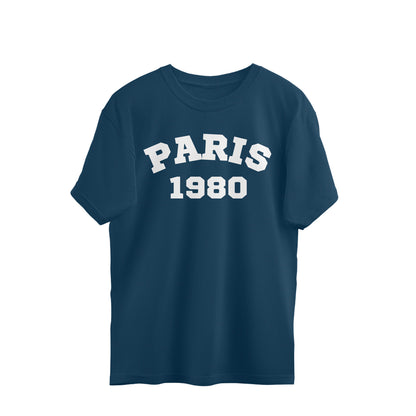 Navy blue oversized t-shirt with white 'PARIS 1980' graphic on front