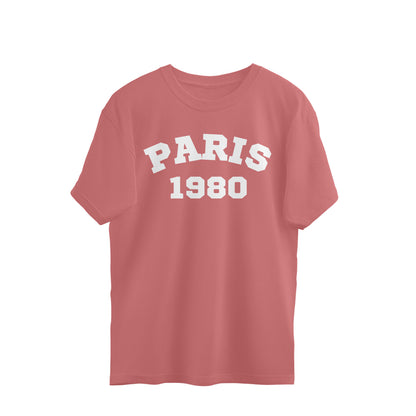 Dusty rose oversized t-shirt with PARIS 1980 print in bold white letters, streetwear fashion