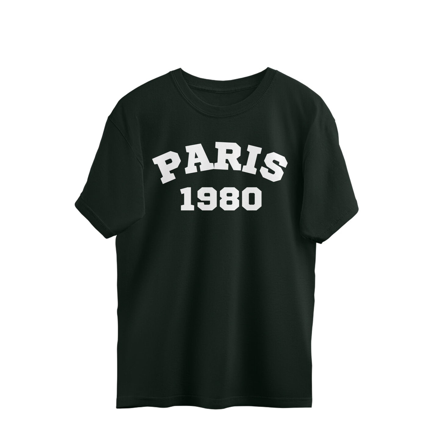 Bottle green oversized t-shirt with bold white 'PARIS 1980' text on front, streetwear style