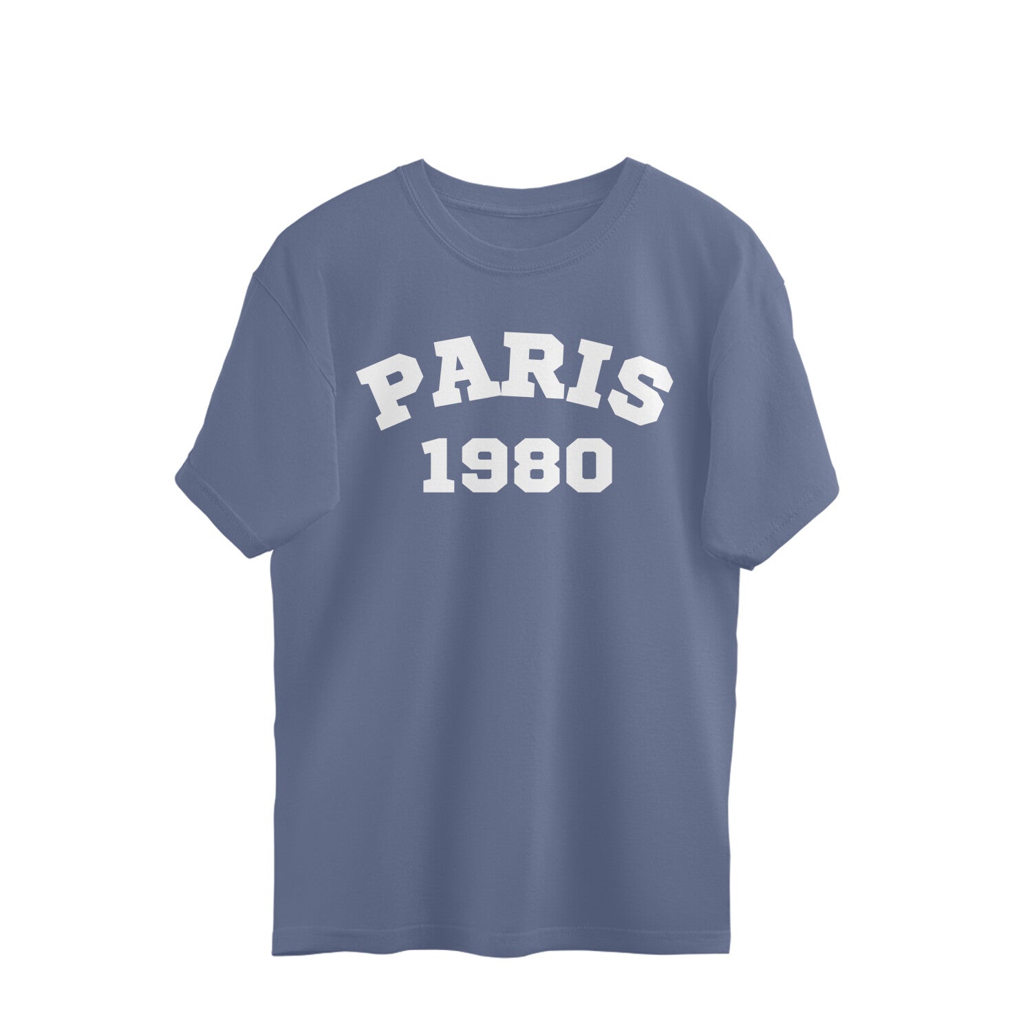 Steel grey oversized t-shirt with 'Paris 1980' white text, front view on white background