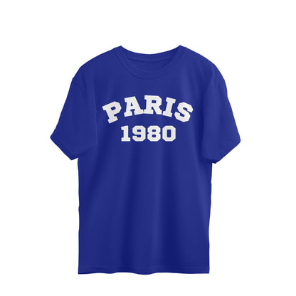 Oversized royal blue t-shirt with white 'PARIS 1980' print, streetwear style