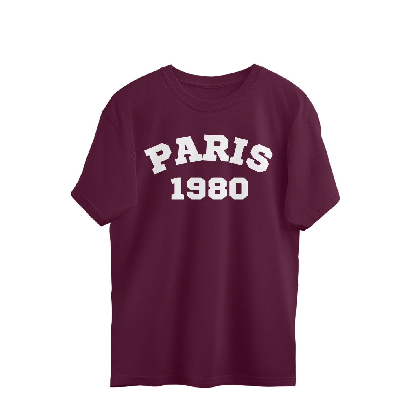 Burgundy oversized t-shirt with PARIS 1980 print on front, streetwear style