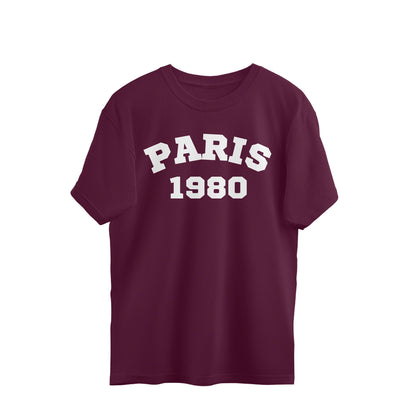Burgundy oversized t-shirt with PARIS 1980 print on front, streetwear style