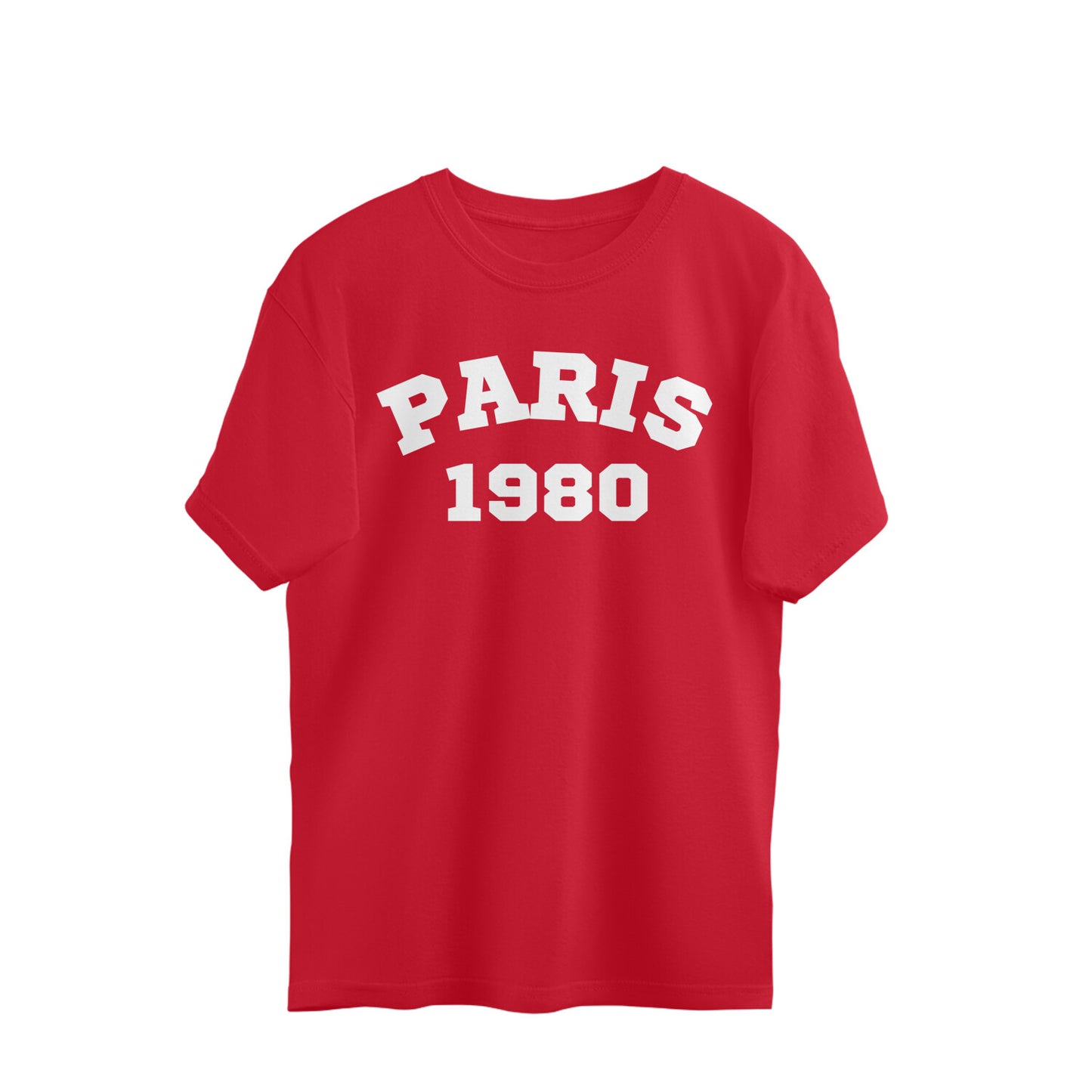 Red oversized t-shirt with bold white 'PARIS 1980' graphic on front, streetwear style