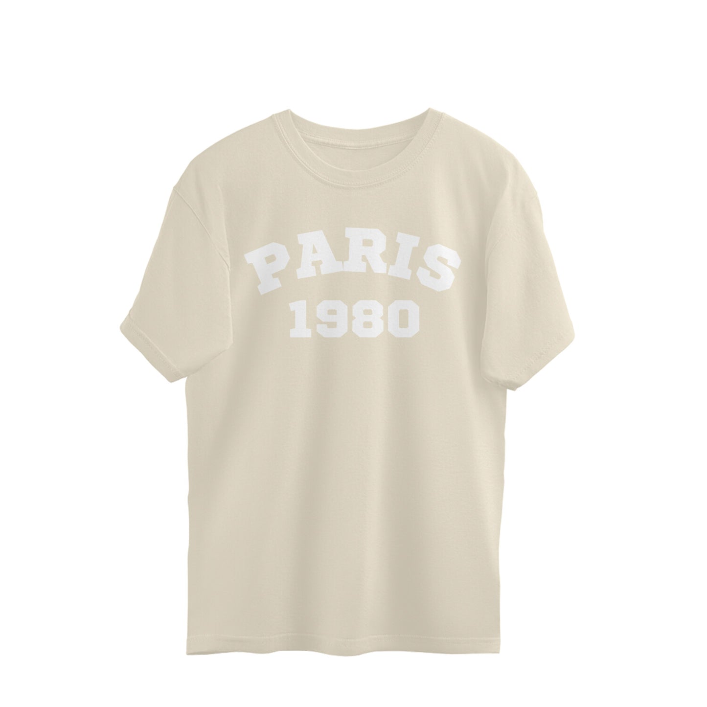 Off-white oversized t-shirt with PARIS 1980 text, streetwear fashion style