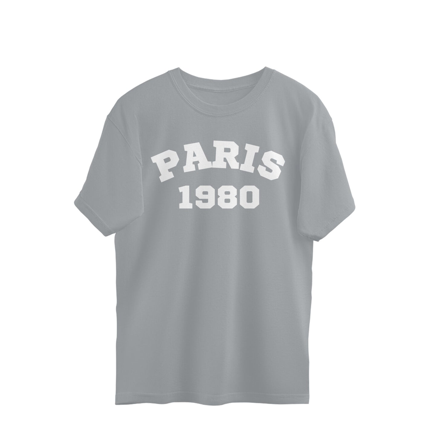 Silver oversized t-shirt with 'PARIS 1980' white graphic on front, streetwear style