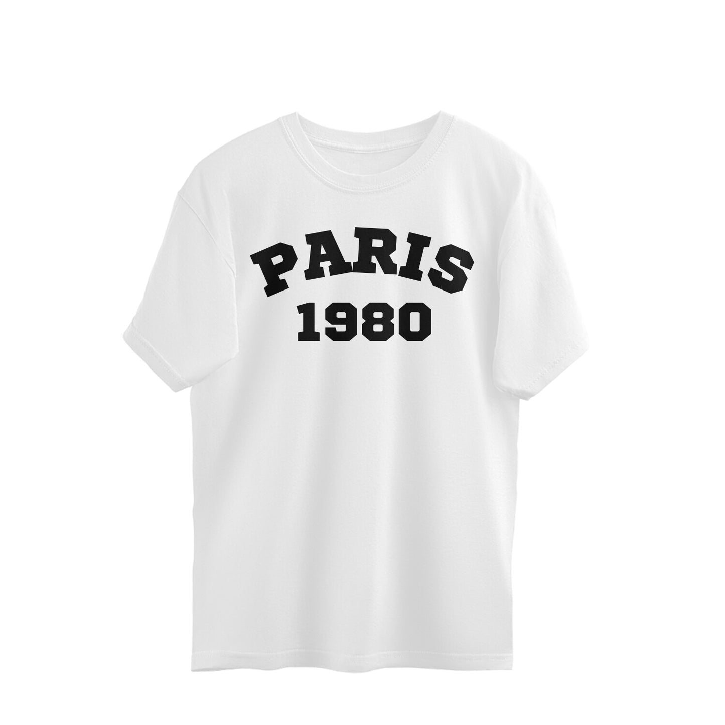 White oversized t-shirt with bold black 'PARIS 1980' print on front, streetwear style