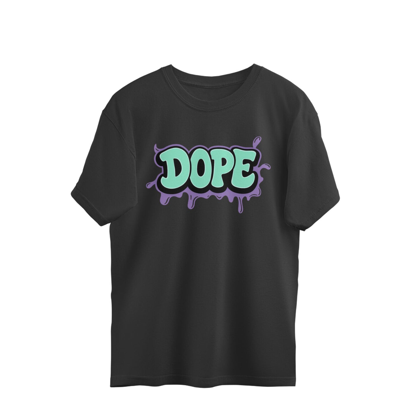Black oversized t-shirt with bold mint green 'DOPE' graffiti graphic and purple drip accents