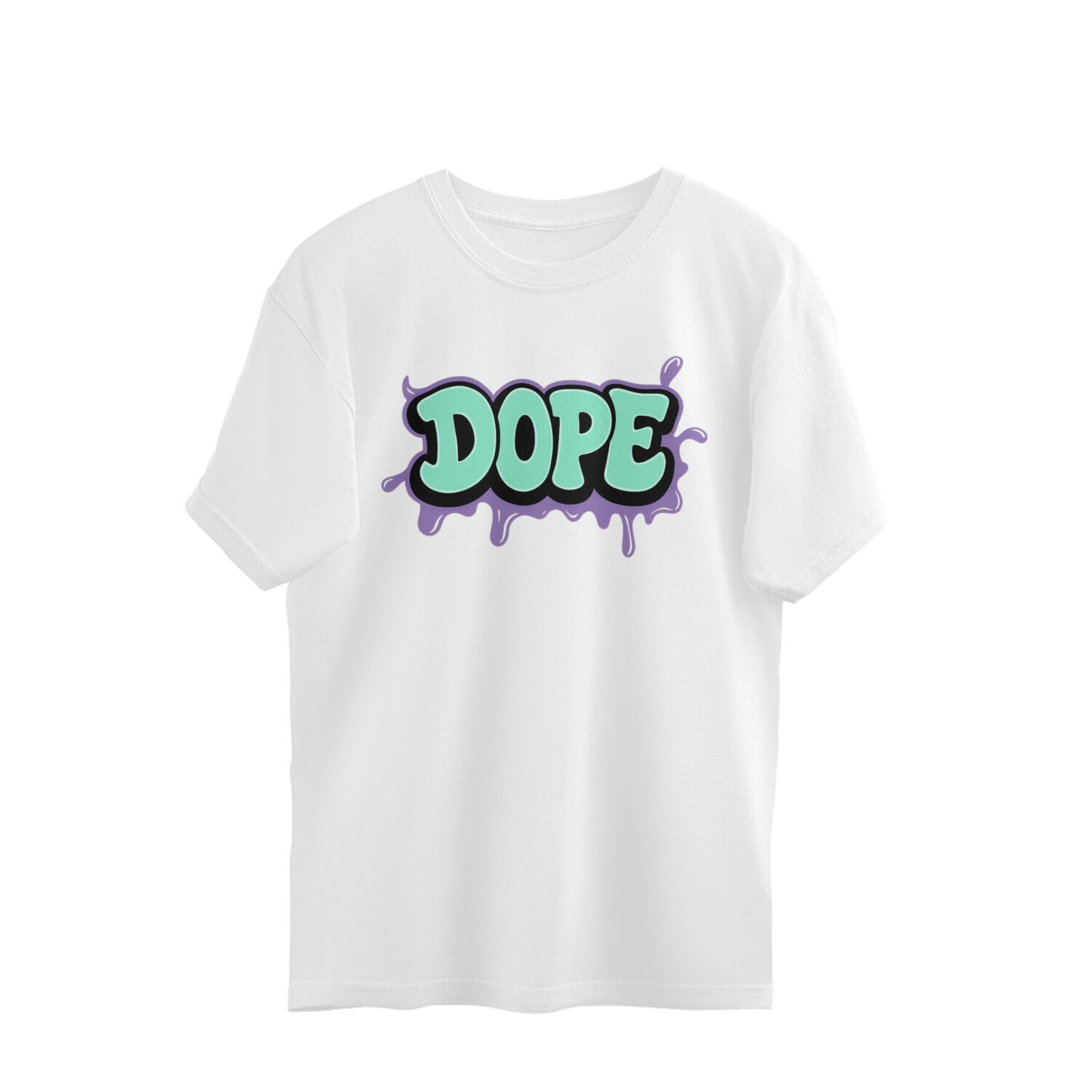 White oversized t-shirt with bold ‘DOPE’ graffiti text in mint green and purple
