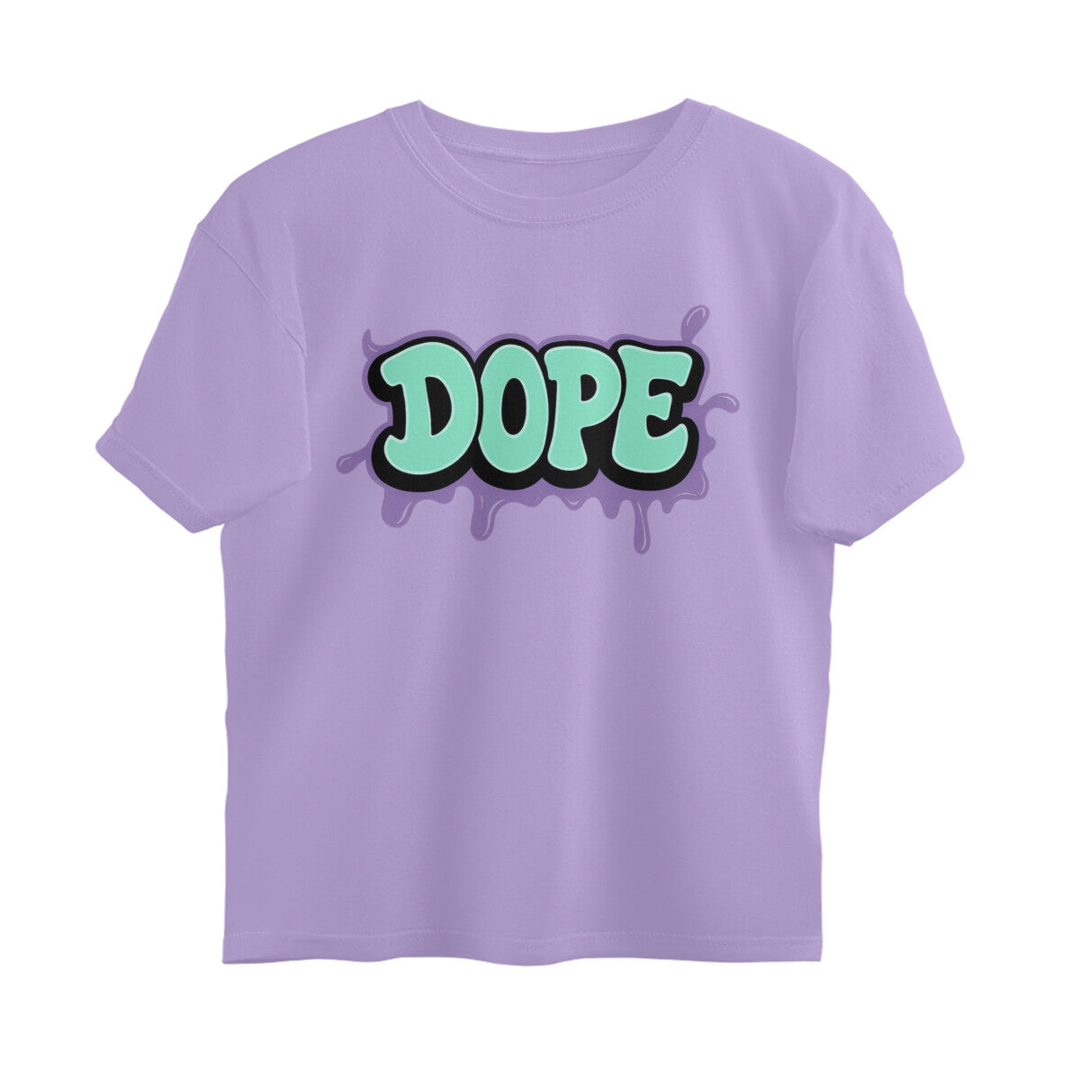 Lavender oversized t-shirt with bold 'DOPE' graphic in mint green streetwear style