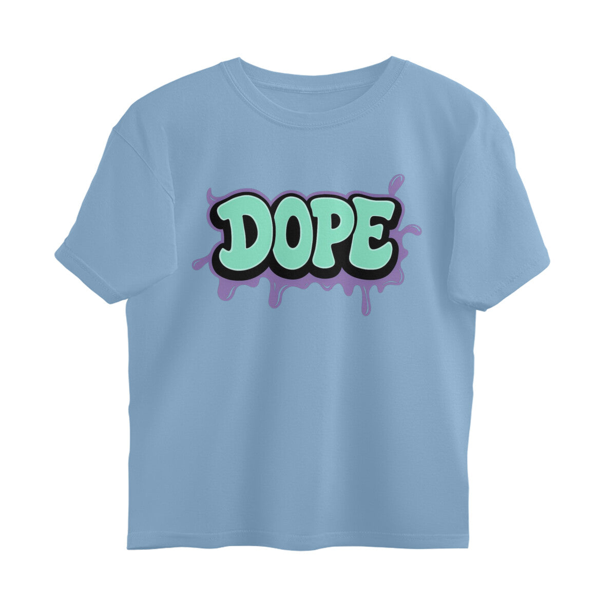 Light blue oversized t-shirt with bold graffiti 'DOPE' text graphic on the front.