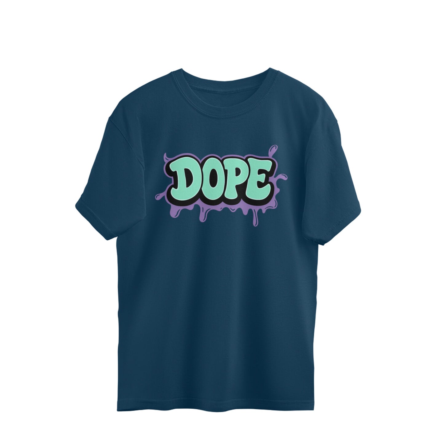Navy blue oversized t-shirt with bold graffiti 'DOPE' graphic on front