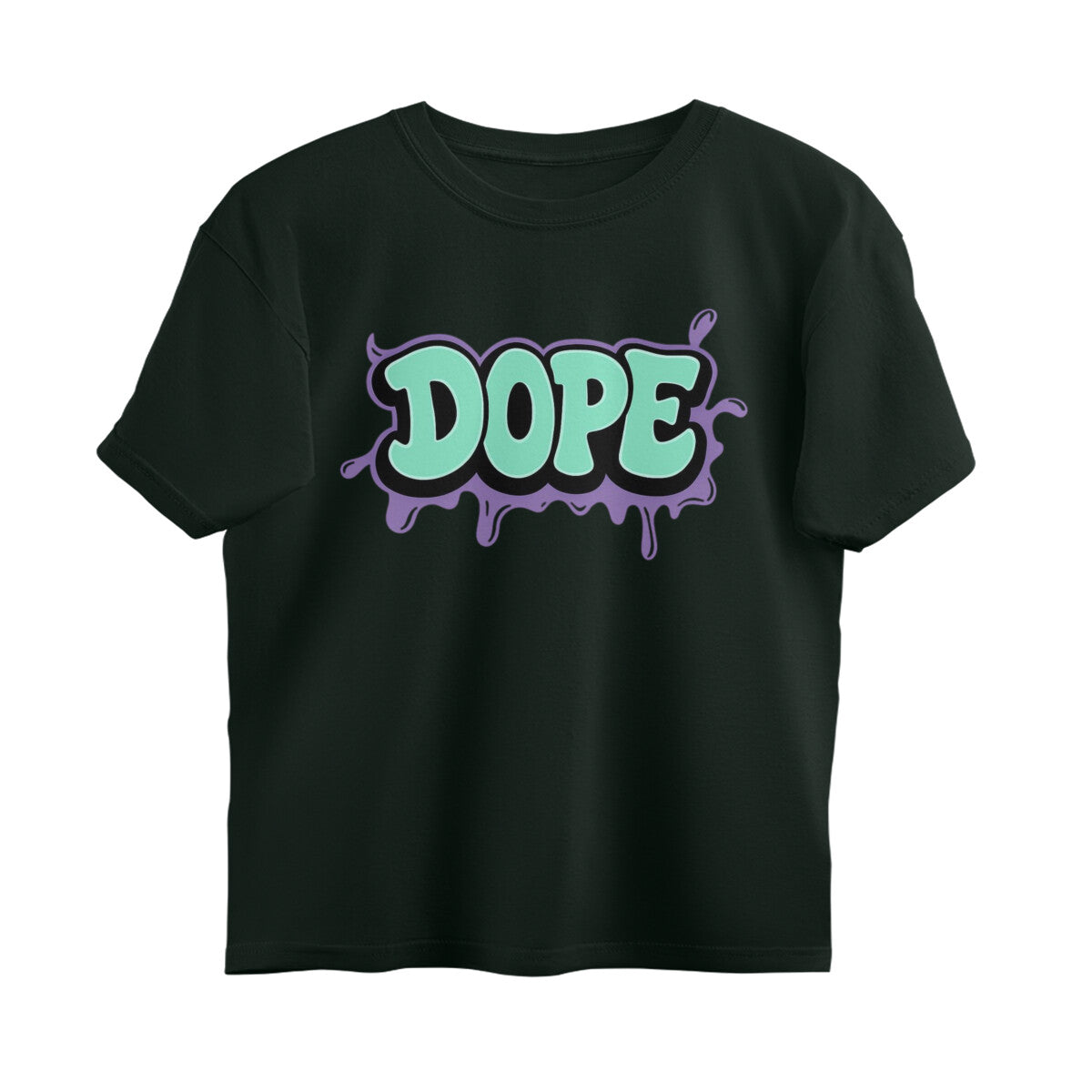 Bottle green oversized t-shirt with bold 'DOPE' graffiti print in mint and purple on front