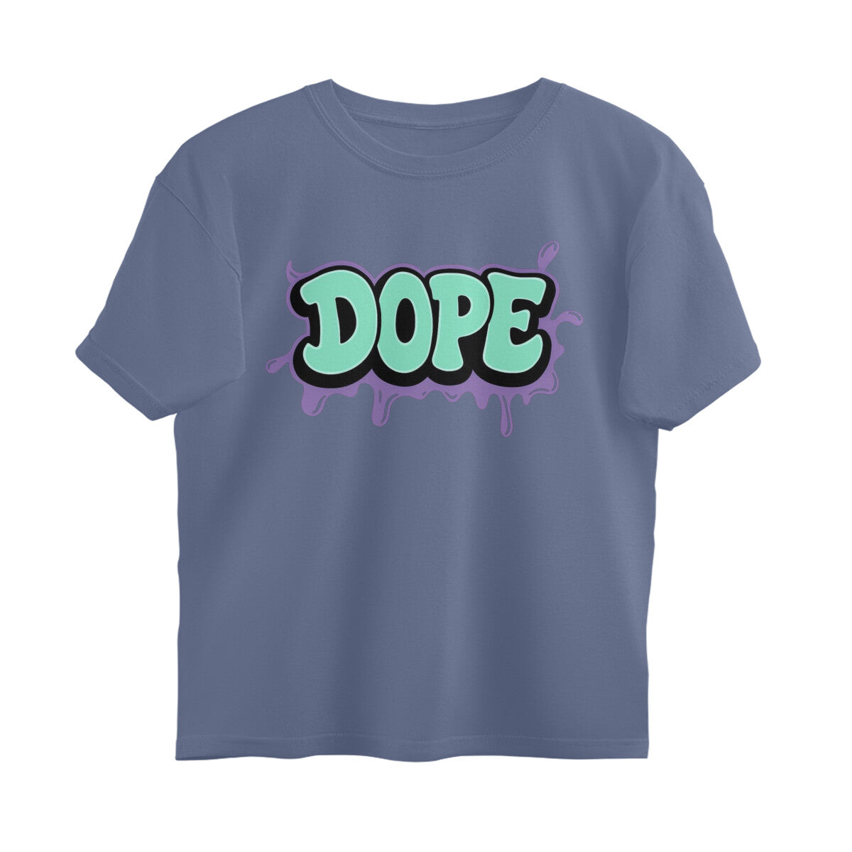 Steel grey oversized t-shirt with bold DOPE graffiti print in aqua and purple streetwear style