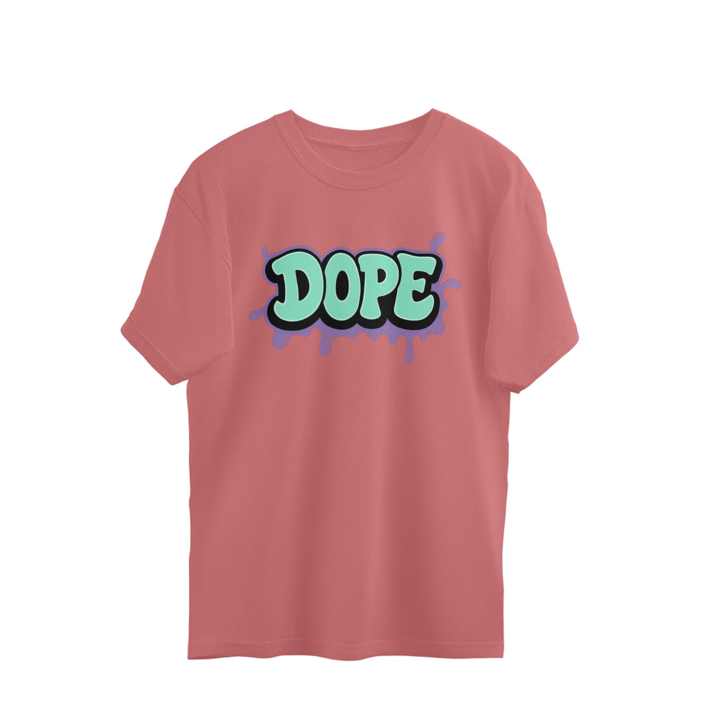 Dusty rose oversized t-shirt with bold graffiti 'DOPE' graphic on front, streetwear style