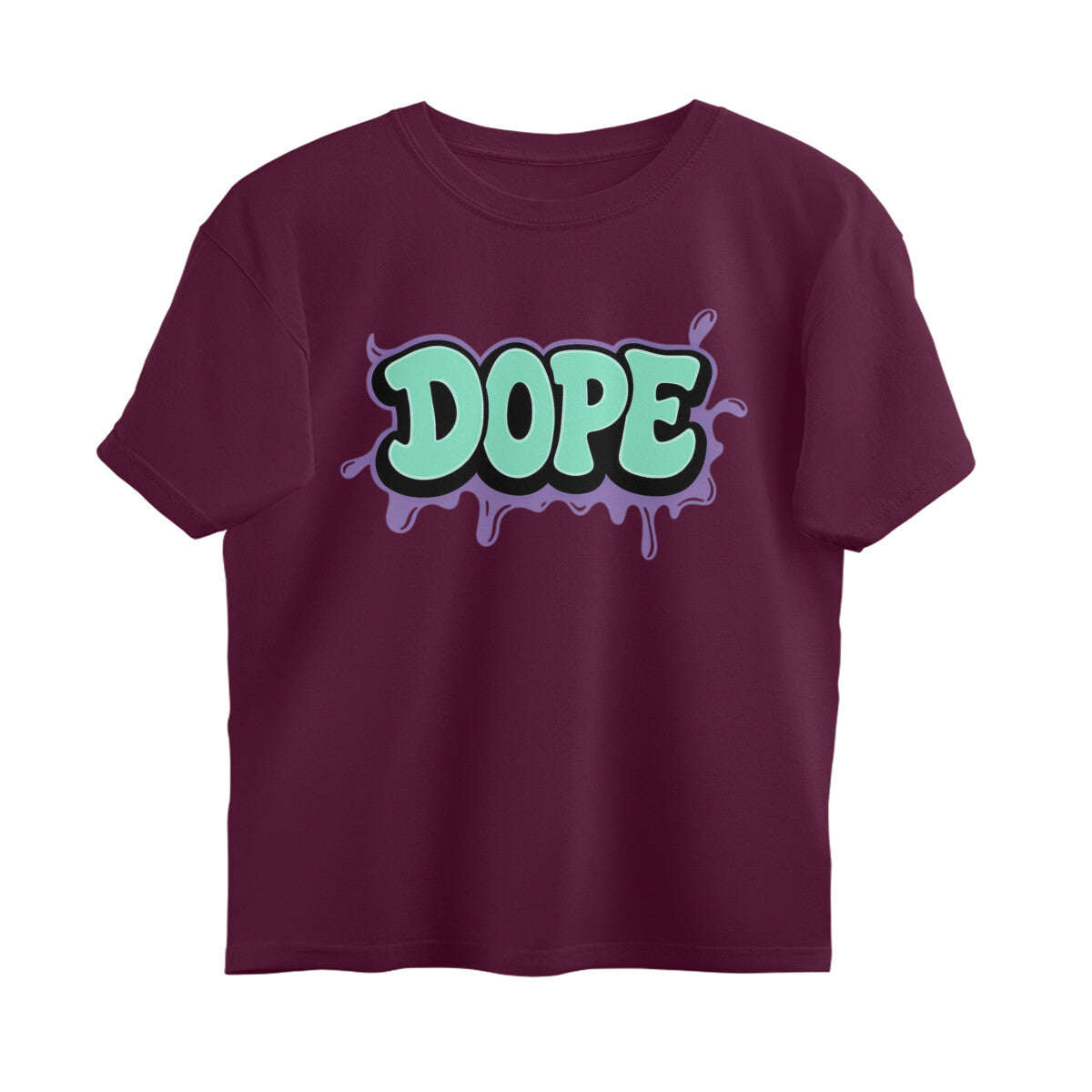 Burgundy oversized t-shirt with bold mint green 'DOPE' graffiti print on front