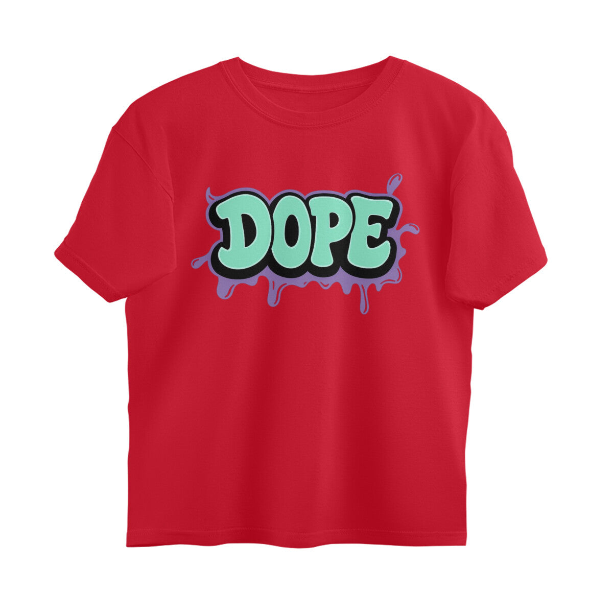 Red oversized T-shirt with bold graffiti-style DOPE graphic on front