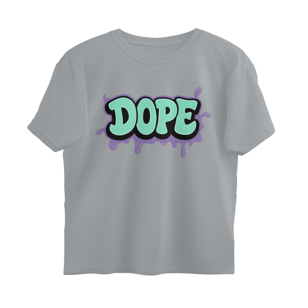 Silver oversized t-shirt with bold 'DOPE' graffiti text in mint green and purple design.