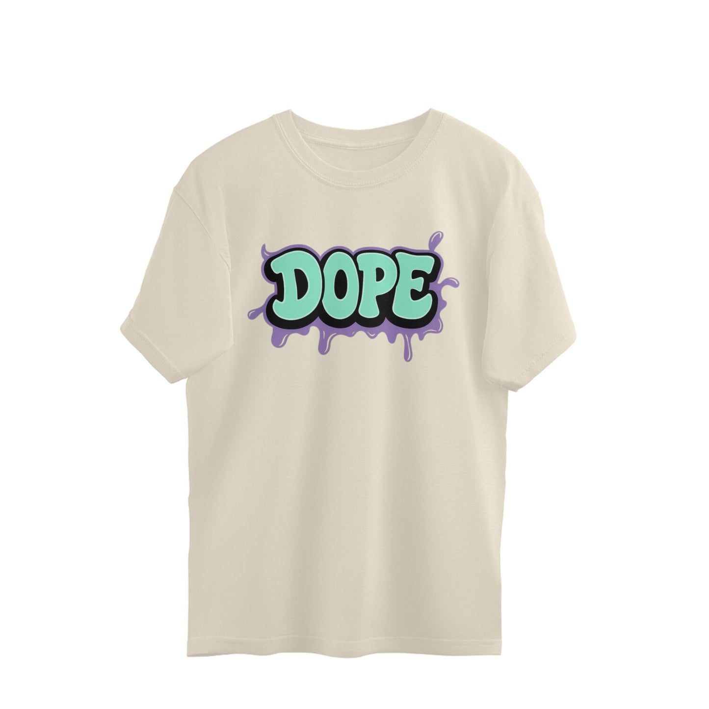 Off-white oversized t-shirt with bold graffiti 'DOPE' graphic in teal and purple