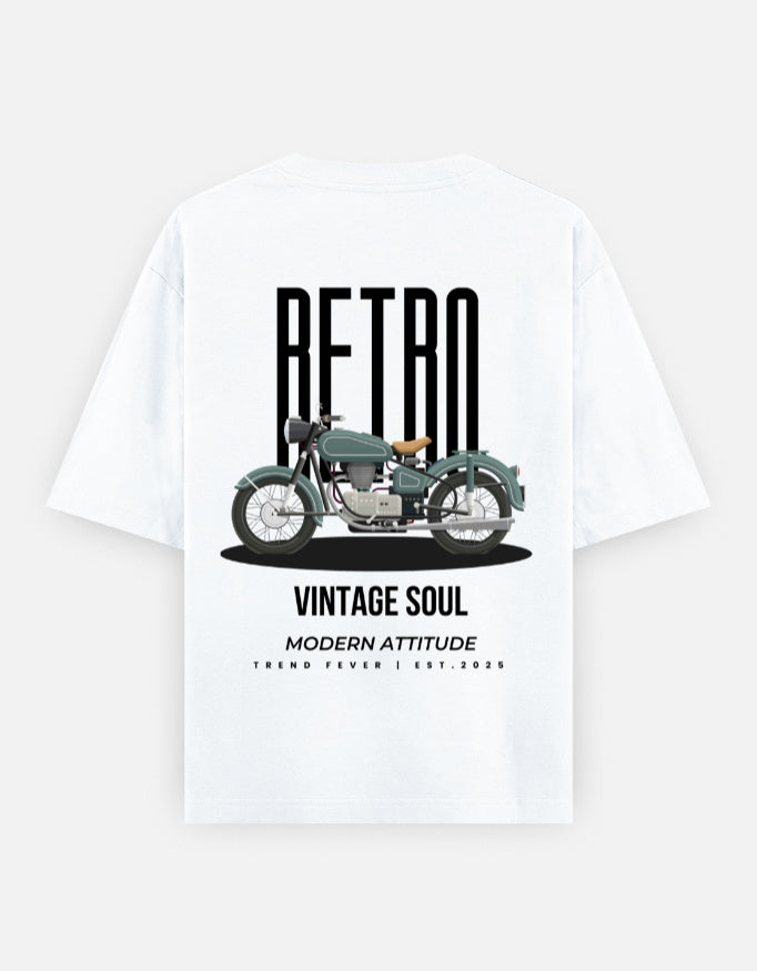 Retro Vintage Motorcycle Graphic Oversized T-Shirt by Trend Fever in White, premium 240 GSM cotton unisex streetwear tee with vintage motorcycle back print.