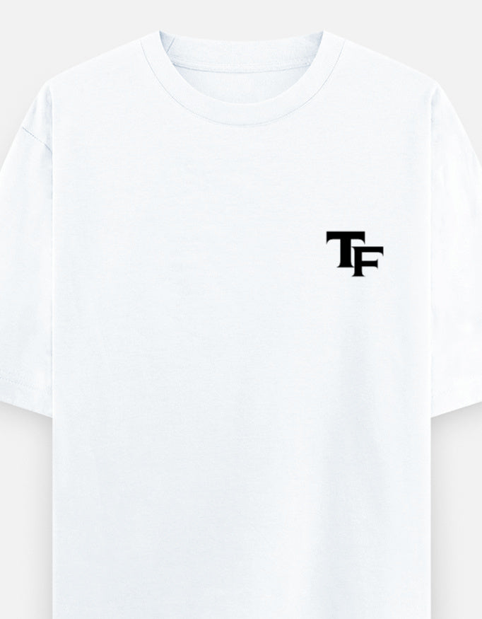 White Trend Fever oversized classic T-shirt with minimalist TF chest logo made from premium 240 GSM cotton.