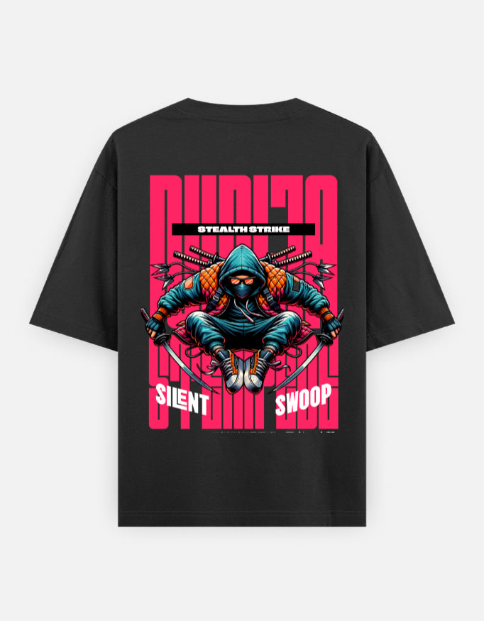Trend Fever Stealth Strike Ninja oversized black graphic T-shirt with premium Japanese-inspired back print in 240 GSM cotton