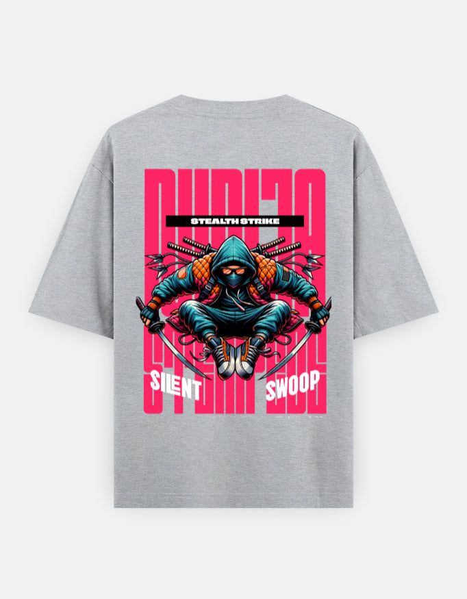 Trend Fever Stealth Strike Ninja oversized grey melange graphic T-shirt for men and women