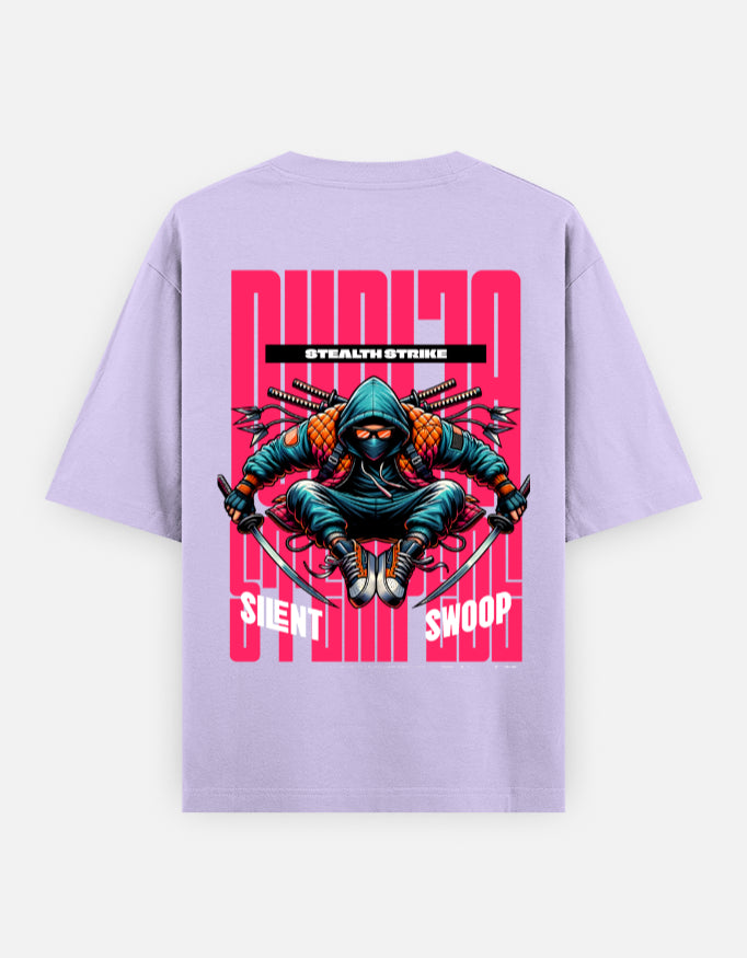 Trend Fever Stealth Strike Ninja oversized lavender graphic T-shirt with Japanese-inspired artwork