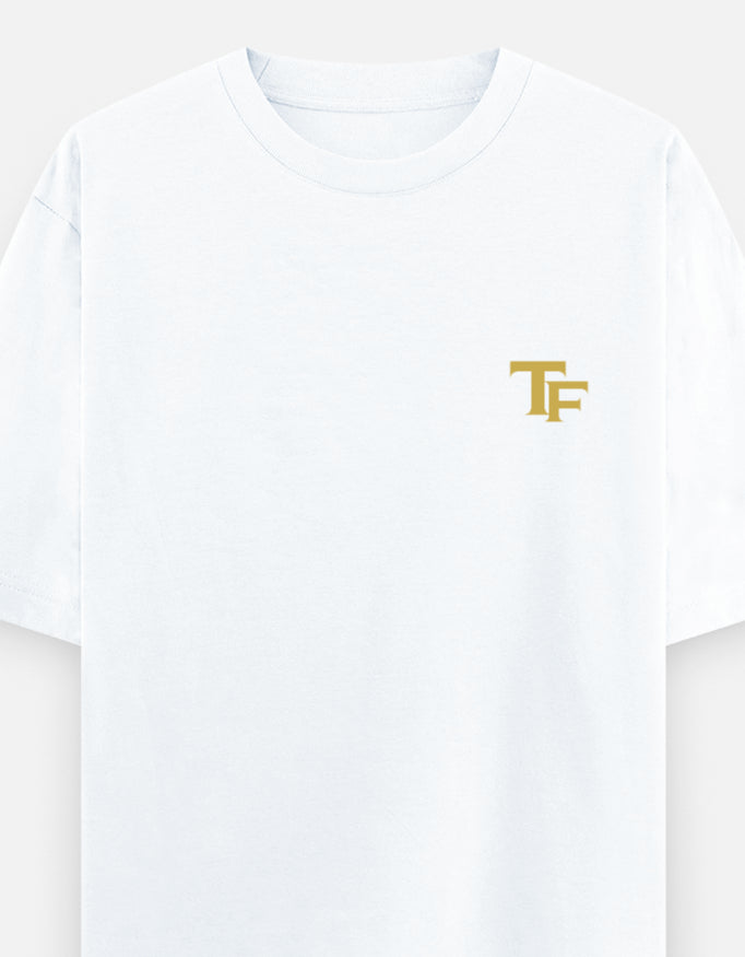 Trend Fever oversized white T-shirt with premium embroidered TF logo on front